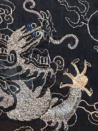Vintage Antique Chinese Embroidered Dragon On Silk Gold Thread Framed 19c? 20c?