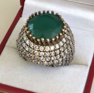 Huge Sterling Silver Pave Cz Dome Ring W Large Emerald Green Antique Gold Sz9