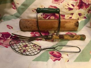 Vintage / Antique Kitchen Utensil Set Of 4 Rolling Pin Whisk Pastry Cutter