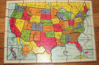 Antique/vintage Jigsaw Puzzle Of The United States & Puerto Rico & Oceans & More