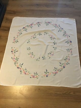 Vintage Crisp White Linen Hand Embroidered Abundant Flowers Tablecloth 44” X 46”