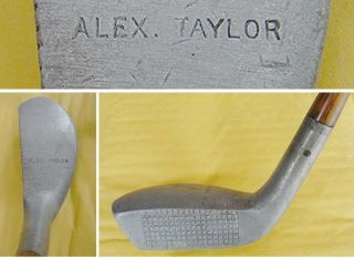 Antique Aluminum Golf Club Putter: Alex Taylor; Wood Shaft; Flat Lie Long Nose