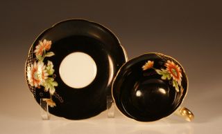 Diamond China Handpainted Black With Water Lillies Cup And Saucer,  Occupied Japan