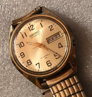 Vintage Seiko Automatic 17 Jewel Day Date Gold Tone Mens Watch - Crystal