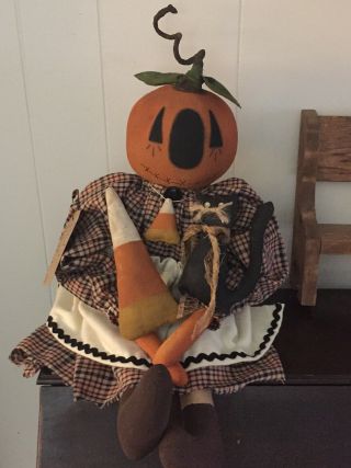 Primitive Folk Art Raggedy Ann Doll Pauline Pumpkin Candy Corn And Black Kitty 2