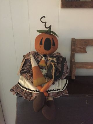 Primitive Folk Art Raggedy Ann Doll Pauline Pumpkin Candy Corn And Black Kitty 3