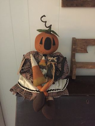 Primitive Folk Art Raggedy Ann Doll Pauline Pumpkin Candy Corn And Black Kitty 4