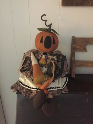 Primitive Folk Art Raggedy Ann Doll Pauline Pumpkin Candy Corn And Black Kitty 5
