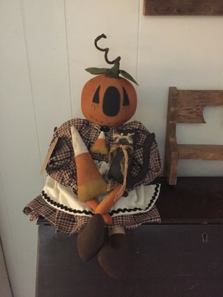Primitive Folk Art Raggedy Ann Doll Pauline Pumpkin Candy Corn And Black Kitty 6