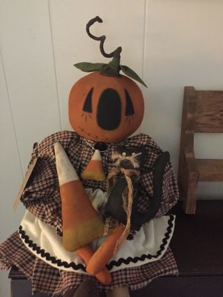 Primitive Folk Art Raggedy Ann Doll Pauline Pumpkin Candy Corn And Black Kitty 7