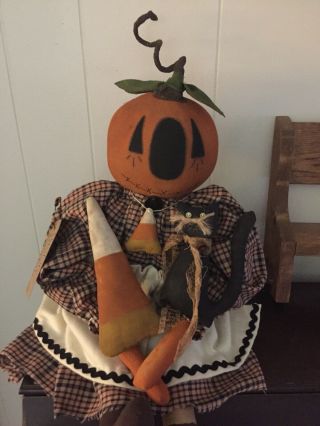 Primitive Folk Art Raggedy Ann Doll Pauline Pumpkin Candy Corn And Black Kitty 8