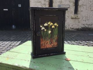 Vintage Small Wooden Black Painted Key Cupboard With Floral Print Door