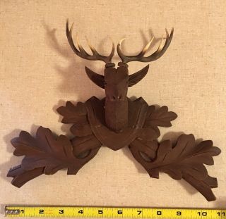 Antique Black Forest Cuckoo Clock Crown Topper Leaves Stag Head Deeply Carved