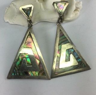 Vintage D.  F Mexico Sterling Silver & Abalone Shell Drop Earrings 2” E197