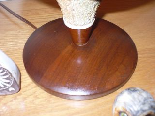 Vintage Mid Century MODERN Clay Textured Table Lamp Teak Wood Blue Green Orange 2