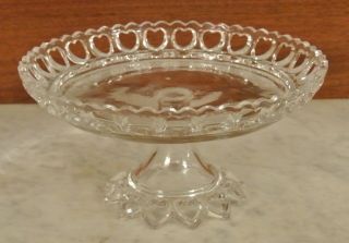 Vintage Clear Glass Compote With Delicate Lace Style Heart Shaped Rim And Base