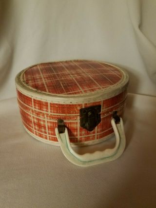 Vintage 8” 1950s Round Carrying Case For Doll Clothes Plaid /handle