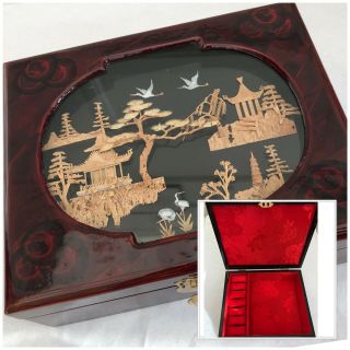 Vintage Chinese Lacquered Jewellery Box W/ Carved Cork Scene