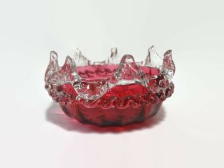 Antique Victorian Era Cranberry Glass Bowl W/ Applied Clear Glass Rigaree