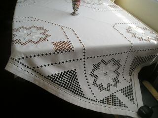 Stunning Large Vintage French Linen Tablecloth Gorgeous Openwork And Embroidery