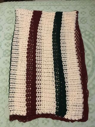 Vintage Crochet Handmade Afghan Maroon Green Cream Acrylic Blanket Cheerful