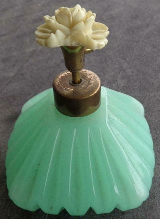 Vintage Green Opaque Glass Perfume Bottle - Floral Cap - Pattern