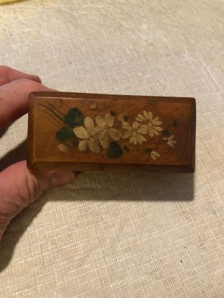 Antique Hand Painted Pill Box Trinket Floral Motif 3 - 5/8” X 1 - 3/4” X 1 - 1/4”