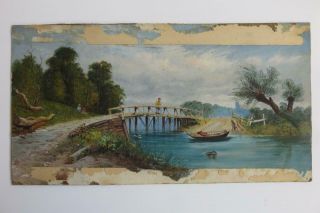Antique Oil Painting On Board Signed Monogram A.  D.  S - Water Fishing Bridgescene