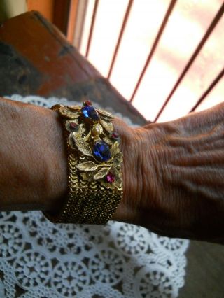 Antique Victorian Wire Mesh Bracelet Jewelry Multi - Color Gem Stones