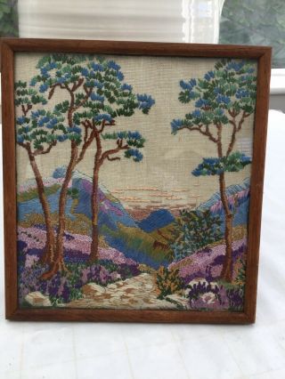 Fab Vintage Needlepoint Tapestry Framed Forest Scene In Frame