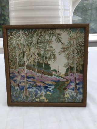 Fab Vintage Needlepoint Tapestry Framed Woodland& Floral Scene In Frane