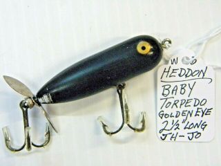 Vintage Heddon Baby Torpedo All Black With Golden Eyes Topwater Fishing Lure