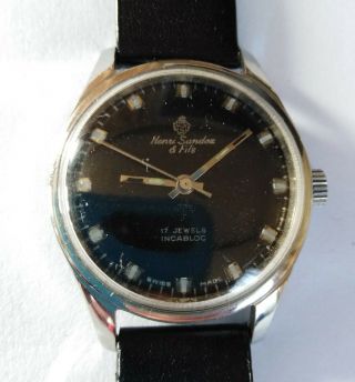 Vintage Black Dial Sandoz Swiss Made Hand Winding Wristwatch.  17 Jewels