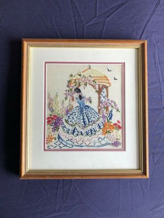 Pretty Vintage Crinoline Lady Hand Embroidered Cream Linen Framed Picture Panel