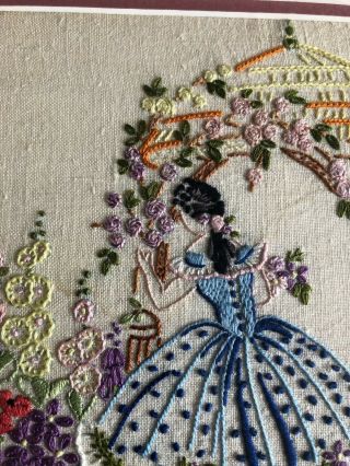 Pretty Vintage Crinoline Lady Hand Embroidered Cream Linen Framed Picture Panel 2