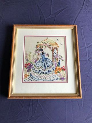 Pretty Vintage Crinoline Lady Hand Embroidered Cream Linen Framed Picture Panel 5