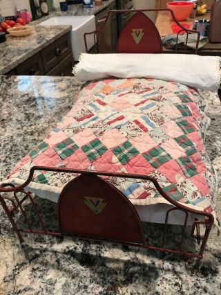Vintage Red Metal Doll Bed With Homemade Bedding