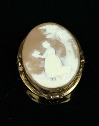Vtg Antique Art Nouveau Carved Scenic Shell Reading Lady Cameo Gold Pin Brooch