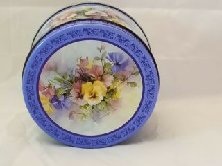 Vintage 5 Inch Empty Round Tin With Blue Pansies