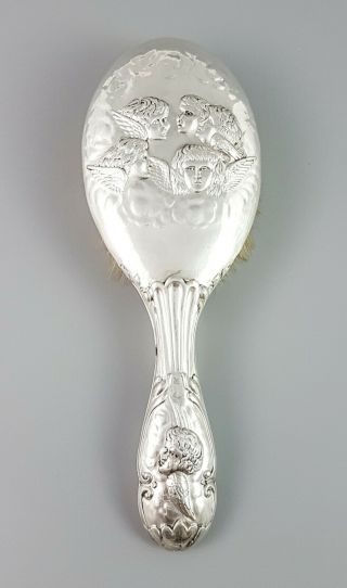 Antique Chester Sterling Silver Large Hairbrush Reynolds Angels Cherubs Embossed