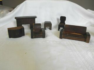 Vintage Wood Block Doll House Furniture Couch Chair Fireplace End Table