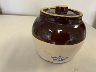 Vintage Blue Crown Western Stoneware Brown And Cream Crock With Lid And Handle