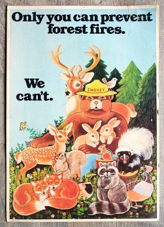 Vintage 1970s Smokey Bear Prevent Forest Fires Cardboard Poster