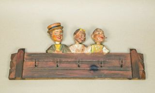 Vintage Antique Wood Folk Art Key Holder With Figural Heads Faces Americana Toy