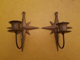 Vintage Pair Brass Star Wall Sconce Candle Holder Starburst 1970s? 1980s?