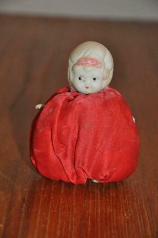 Small 3 1/2 " Porcelain Doll Japan Jointed Arms Pin Cushion