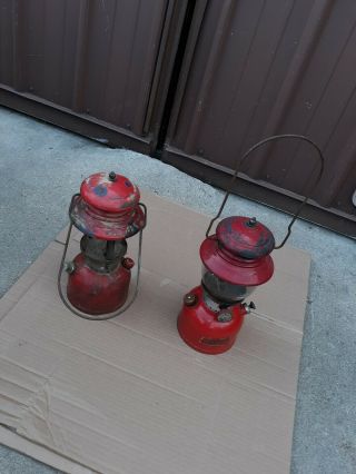 2 Vintage Red Coleman Model 200a Lanterns 9/53 Parts No Globe 11/58 With Globe