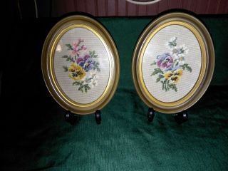 Vtg.  Antique Hand Embroidered Picture Cross Stitch Flowers In A Plaster Frame