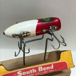 Vintage South Bend Wood Fishing Lure w/box Ex,  Midg Midge Oreno Bass Red White 3