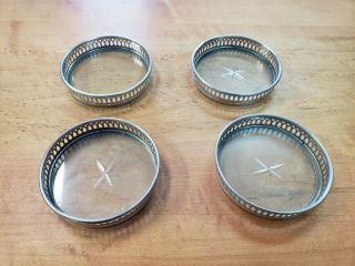 Set Of Four 4 Vintage Silver And Glass Coasters